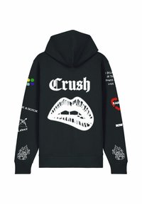 Felpa nera con cappuccio caratterizzata da una grande grafica di labbra bianche, la parola "Crush" in carattere grassetto e vari patch colorati sulle maniche.
