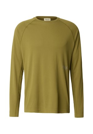 Langarmshirt in einfarbigem Olivgrün, aus strukturiertem, leichtem Stoff. Mit rundem Ausschnitt und Raglanärmeln. Markenlogo auf der Vorderseite.