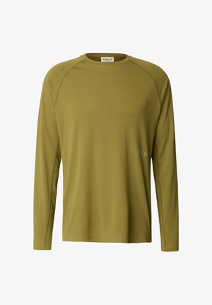 Langarmshirt in einfarbigem Olivgrün, aus strukturiertem, leichtem Stoff. Mit rundem Ausschnitt und Raglanärmeln. Markenlogo auf der Vorderseite.