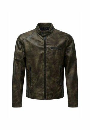 Dunkelgrüne Lederjacke mit Reißverschluss vorne, Stehkragen und seitlichen Taschen. Glatte Textur mit leicht abgenutztem Finish.