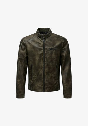 Dunkelgrüne Lederjacke mit Reißverschluss vorne, Stehkragen und seitlichen Taschen. Glatte Textur mit leicht abgenutztem Finish.