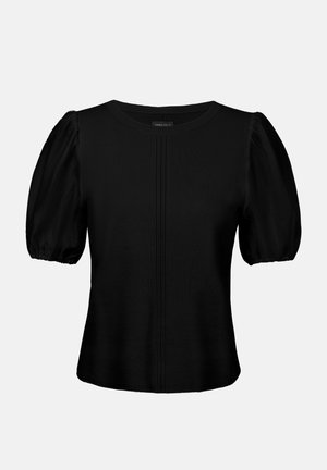 Bluza neagră cu mâneci scurte bufante, decolteu rotund și cusături decorative verticale în centrul părții din față.