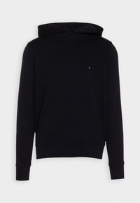 Sweat à capuche noir en tissu doux, doté d'une poche frontale, de poignets et d'un ourlet côtelés, avec un petit logo coloré sur la poitrine.