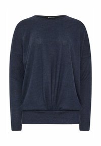 Maglione blu navy in tessuto morbido, con una vestibilità ampia, spalle scese e orlo arricciato per una silhouette rilassata.