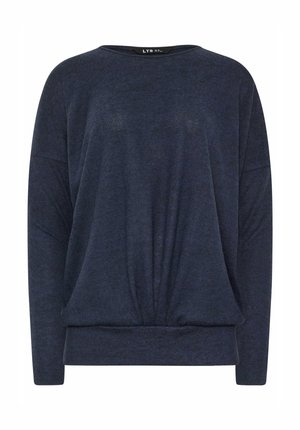 Navy blue sweater in soft fabric, featuring a loose fit, drop shoulders, and a gathered hem for a relaxed silhouette.