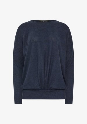 Maglione blu navy in tessuto morbido, con una vestibilità ampia, spalle scese e orlo arricciato per una silhouette rilassata.