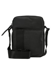 Black nylon crossbody bag featuring a textured surface, zip closure, adjustable strap, and a front pocket with a black accent panel.