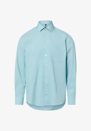 Hellblaues, langärmliges Hemd mit Knopfleiste, linke Brusttasche, klassischem Kragen und leicht abgerundetem Saum.