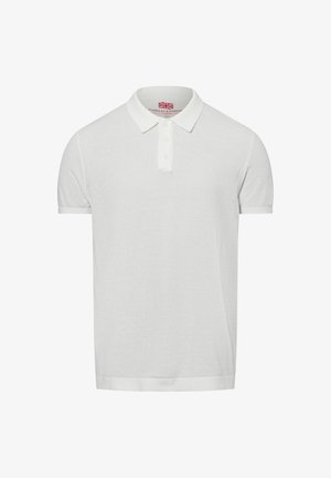 Witte poloshirt met een geweven textuur, korte mouwen, een klassieke kraag en een knopenpat met drie knopen.