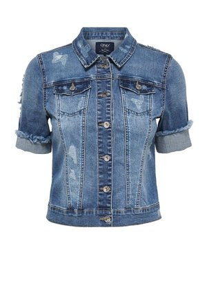 Niebieska kurtka z denimu z krótkim rękawem, z postrzępionymi mankietami, zapinana na guziki, z dwoma kieszeniami z patkami na piersi i przetarciami.