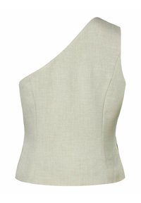 Asymmetrische top met één schouder in lichtbeige stof, met een getailleerd ontwerp, subtiele textuur en een gladde afwerking.
