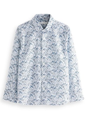 Langærmet skjorte med hvid bund og blåt blomsterprint, med klassisk krave og knapper foran.