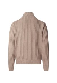 Sweter robiony na drutach w miękkim beżu, z wysokim kołnierzem, żebrową fakturą i długimi rękawami z dopasowanym wykończeniem.