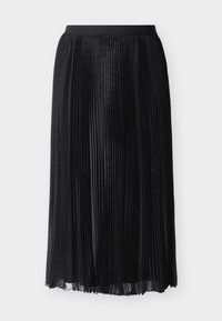 Μαύρη πλισέ μίντι φούστα με ελαστική μέση, ελαφριά διαφανής στρώση υφάσματος και επενδυτικό εσωτερικό.