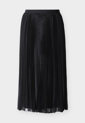 Μαύρη πλισέ μίντι φούστα με ελαστική μέση, ελαφριά διαφανής στρώση υφάσματος και επενδυτικό εσωτερικό.