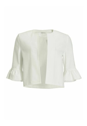 Giacca bianca corta, aperta sul davanti, con scollo rotondo e maniche a tre quarti arricciate.