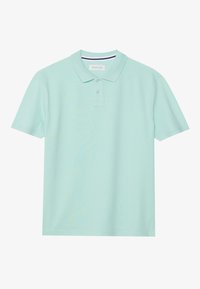 Lett mintgrønn polo-skjorte laget av myk stoff, med krage, tre-knaps placket og korte ermer. Strukturert overflate er glatt.