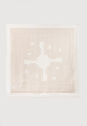 Kvadratisk kremfarget skjerf med et subtilt beige geometrisk mønster som har stiliserte overlappende bokstav B-design og fine lineære kanter.