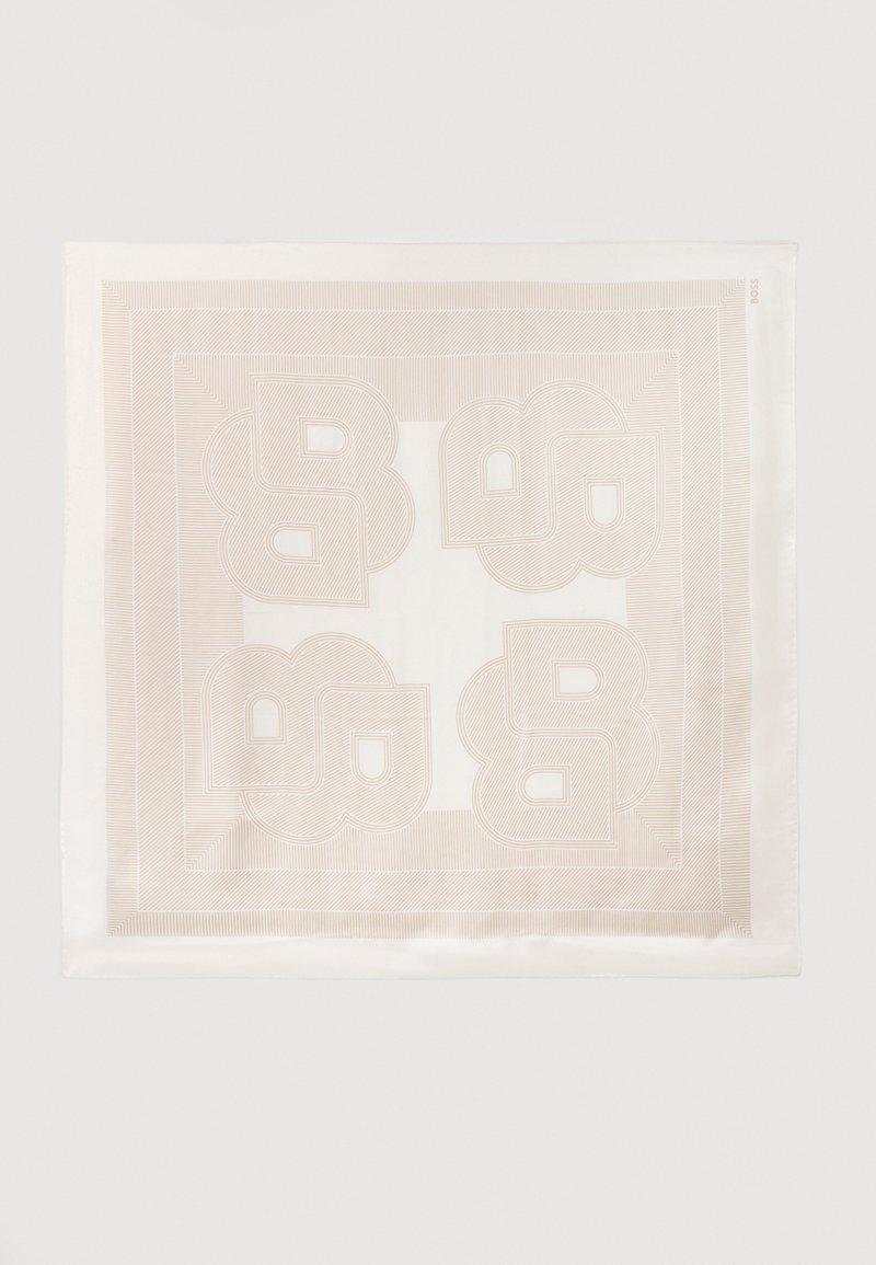 Cachecol quadrado de creme com um padrão geométrico subtil em bege, apresentando designs estilizados de letras B sobrepostas e finas bordas lineares.