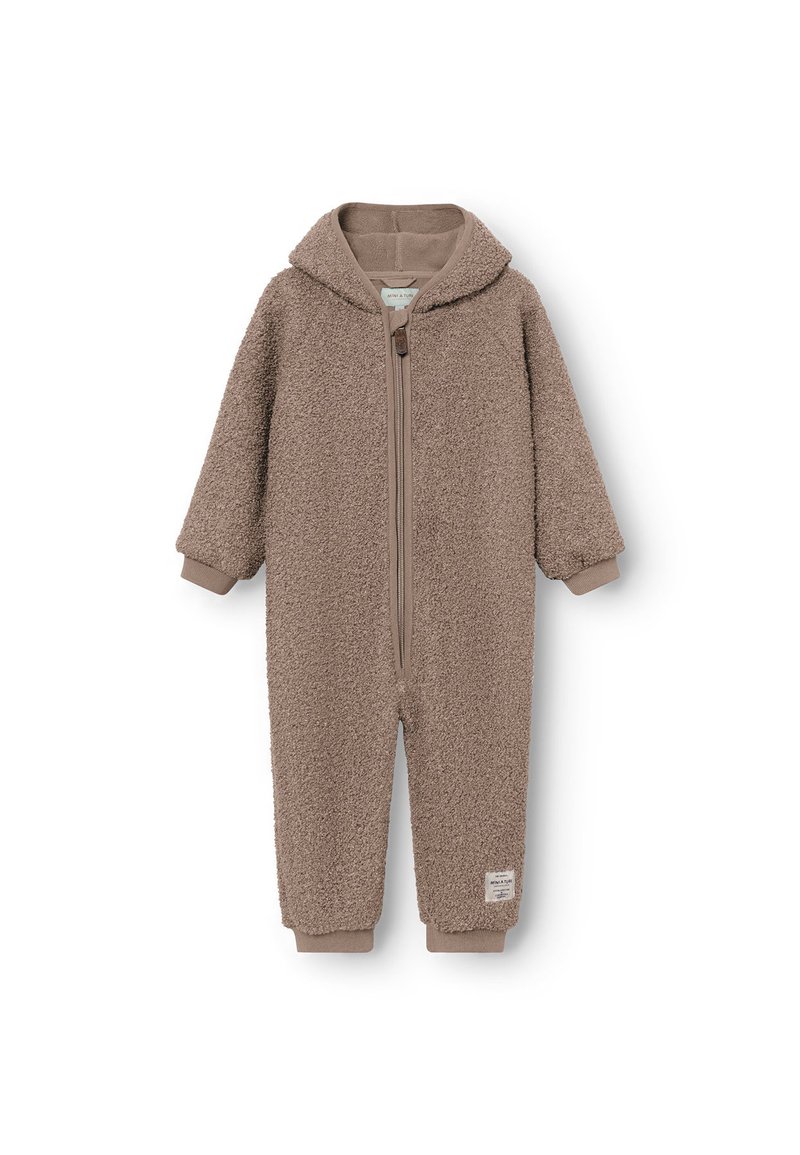Brauner, flauschiger Fleece-Einteiler mit Kapuze, durchgehendem Reißverschluss und elastischen Bündchen. Verfügt über ein kleines Etikett am unteren linken Bein.