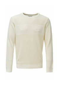 Cremefarbener Pullover mit strukturiertem Waffelstrickdesign. Verfügt über einen Rundhalsausschnitt und gerippte Bündchen. Dezentes Logodetail auf der Vorderseite.