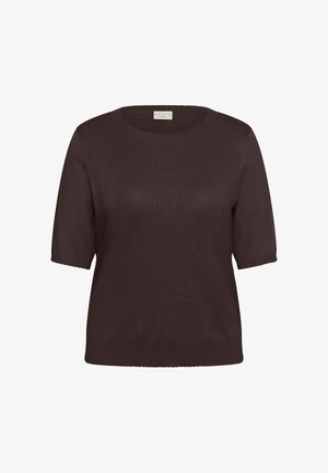 Dunkelbraunes Strickoberteil mit kurzen Ärmeln, Rundhalsausschnitt, gerippten Bündchen und Saum, vor weißem Hintergrund gezeigt.