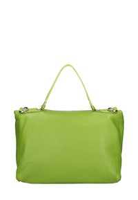 Groene leren handtas met een gladde textuur, een enkele bovenhandgreep en ronde hardwareaccenten aan de zijkanten. Rechteckige vorm.