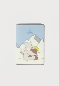 Πορτοφόλι από δέρμα ανοιχτού μπλε χρώματος με ένα εικονογραφημένο αρκουδάκι, χιονισμένα βουνά και αντίθετη κρεμ βάση. Το λογότυπο είναι ανάγλυφο στην κορυφή.