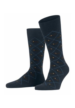 Dunkelblaue Socken mit einem Diamantmuster und hellblauen Linien. Enthält kleine Designs von braunen Dackeln, die gleichmäßig verteilt sind. Material aus Baumwollmischung.