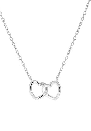 Zilveren hart hanger ketting met twee met elkaar verstrengelde harten aan een delicate ketting. Glad afgewerkt met een gepolijste textuur.