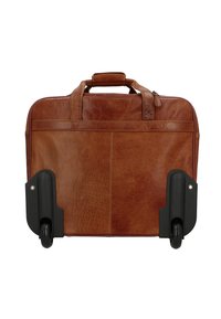 Brown leather laptop bag with dual black wheels, two short handles, and a simple design. Features a smooth texture and subtle seam details.