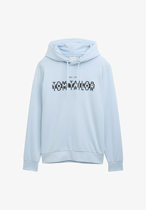 Felpa leggera blu realizzata in tessuto morbido, con tasca a marsupio, cappuccio con lacci e un audace logo in nero sul davanti.