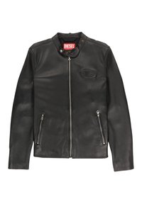 Giubbotto in pelle nera con zip frontale, due tasche con zip, colletto alto con bottoncino e etichetta del marchio Diesel all'interno del collo.