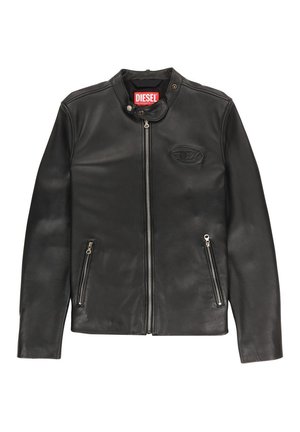 Schwarze Lederjacke mit frontalem Reißverschluss, zwei Reißverschlusstaschen, Stehkragen mit Druckknopf und Diesel-Logo im Nacken.