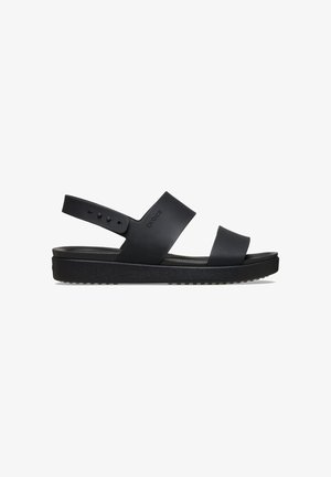 Zwarte Crocs-sandaal met twee brede banden en verstelbare hielband, met een platte, getextureerde zool voor casual gebruik.