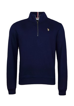 Marineblauwe fleece sweatshirt met een halvemaanrits kraag, ribgebreide manchetten en zoom, met een klein geborduurd logo op de borst. Zachte textuur.