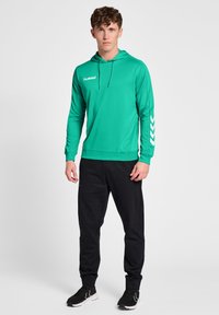 Felpa verde con cappuccio regolabile, caratterizzata da un logo e un motivo a chevron bianco sulle maniche. Abbinata a pantaloni della tuta neri e scarpe.