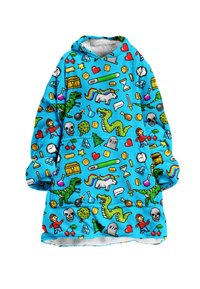 Blaue Fleece-Hoodie-Decke mit buntem Pixelkunst-Design, das Motive wie Einhörner, Drachen, Herzen und verschiedene Gaming-Artikel umfasst. Sie ist weich und übergroß.