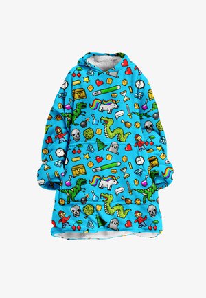 Blaue Fleece-Hoodie-Decke mit buntem Pixelkunst-Design, das Motive wie Einhörner, Drachen, Herzen und verschiedene Gaming-Artikel umfasst. Sie ist weich und übergroß.