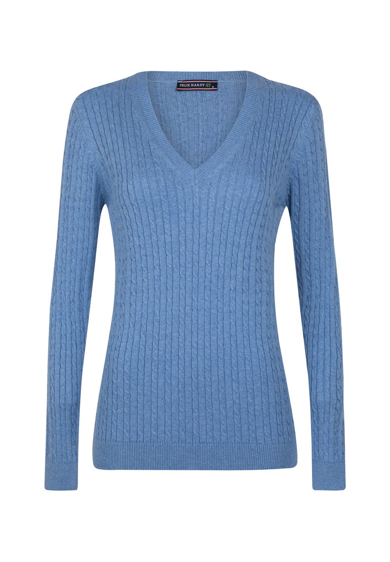 Blått stickat tröja med V-ringning, långa ärmar och ribbad textur med ett subtilt kabelmönster genom hela.