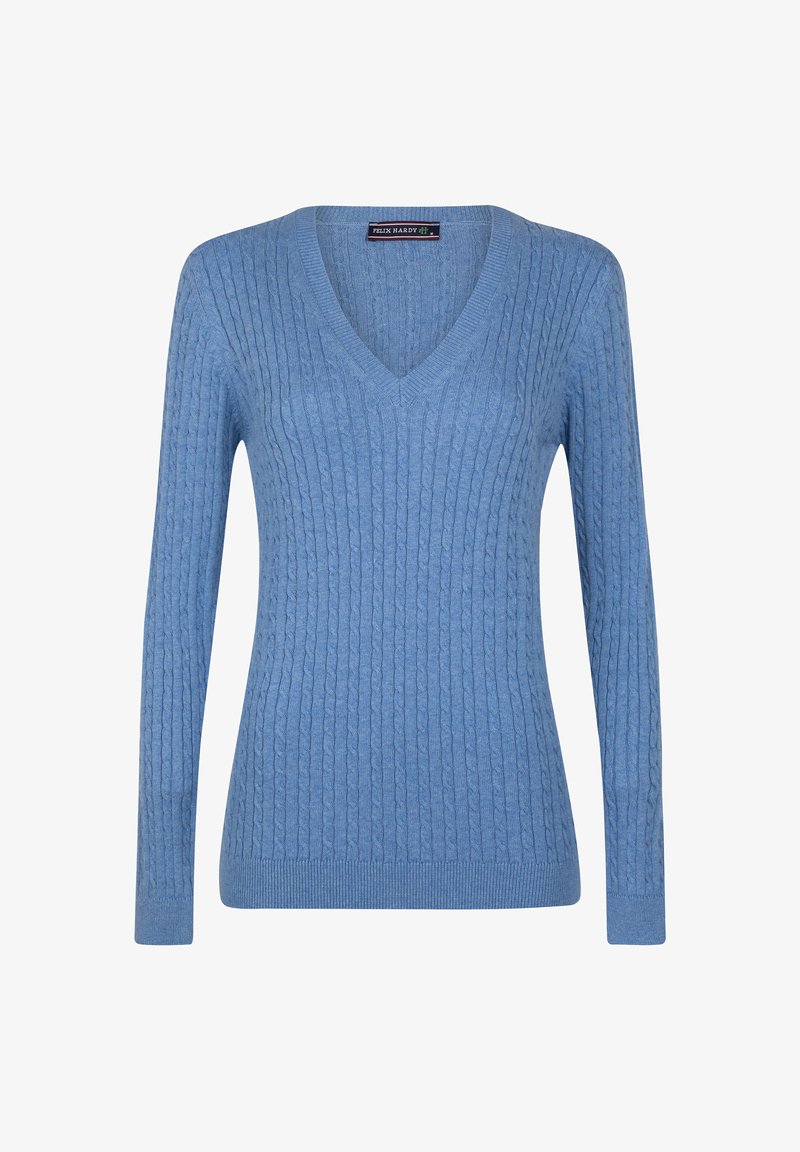 Blauer Strickpullover mit V-Ausschnitt, langen Ärmeln und ribbeliger Textur mit einem dezenten Zopf-Muster.