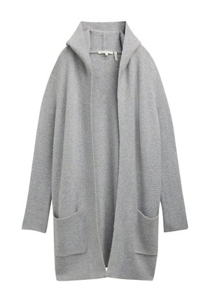 Svetlo siva, dolga cardigan jopica iz mehkega materiala, z šalom ovratnikom, odprtim sprednjim delom in dvema sprednjima žepoma z rebrastimi detajli.