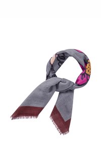 Grauer Schal mit einem lebhaften Design in Pink und Braun, weicher Textur und fransigen Kanten, der verspielte Muster und Grafiken präsentiert.