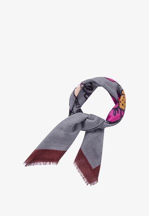Gray scarf featuring a vibrant design with pink and brown accents, soft texture, and fringed edges, showcasing playful patterns and graphics.