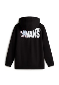 Sudadera con capucha negra con el logo blanco de "VANS" en la parte trasera, que presenta un elemento de diseño gráfico colorido y puños acanalados.