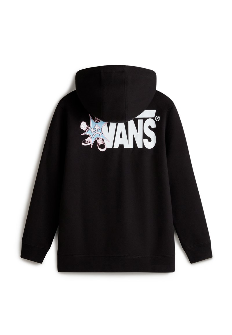 Sweatshirt à capuche noir avec le logo "VANS" blanc au dos, présentant un élément de design graphique coloré et des poignets côtelés.