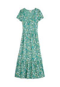 Rochie florală verde, cu mâneci scurte, guler în V și fustă cu volane pliate, decorată cu flori albe și modele de frunze. Fabricată dintr-un material moale.