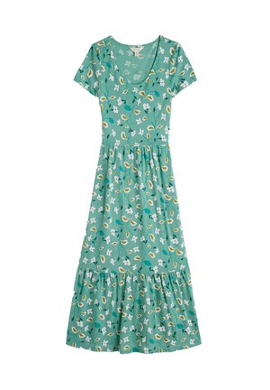 Žalia gėlių suknelė su trumpomis rankovėmis, V formos iškirpte ir raukšlėta daugiasluoksne sijonėle, papuošta baltais gėlėmis ir lapų raštais. Pagaminta iš minkštos medžiagos.
