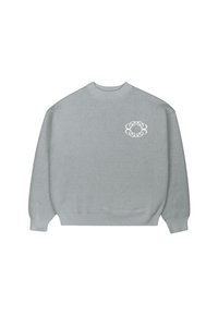 Pull en maille gris clair à manches longues avec un motif cercle maillons blanc sur la poitrine gauche et des poignets et un ourlet côtelés.