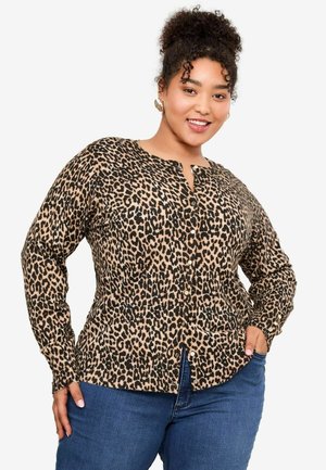 Leopard print long-sleeve shirt with a button placket, round neckline, and elasticized cuff details. Material appears soft and textured.